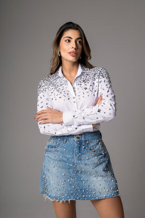 Saia Jeans Bordada